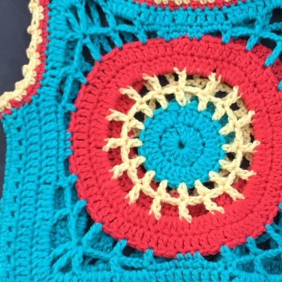 Vintage 70s Handmade Crochet Tank Vest Top Blue Yellow Red. Kids 4 5 - Picture 2 of 6